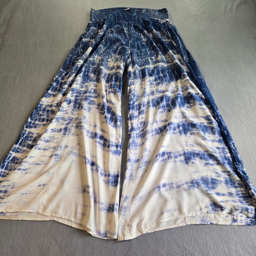 New Directions Studio Palazzo Pants Womens Medium Blue Tie Dye Smocked Wide Leg